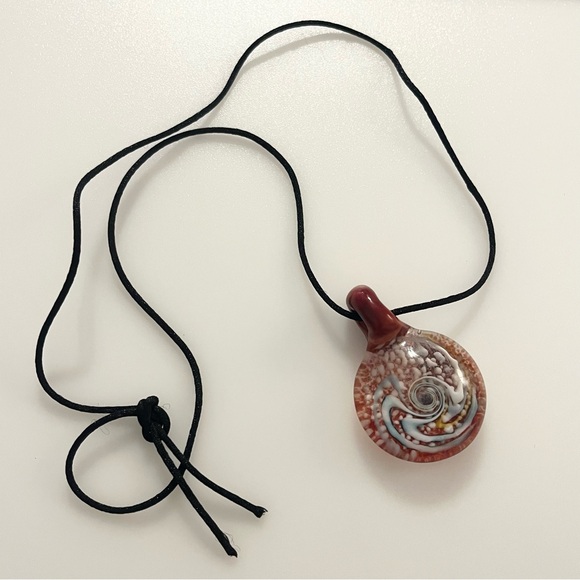 Handblown Artisan Brown Blue White Yellow Glitter Art Lampwork Glass Necklace - Picture 15 of 16